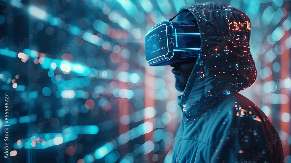 Poster hacker navigating through futuristic virtual reality interface manipulating data streams and securit