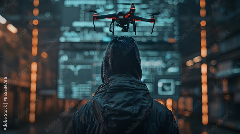Poster hooded hacker using drone for covert information gathering and data analysis in dark urban setting