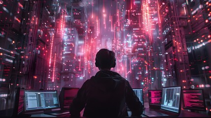 Hacker Bypassing Encrypted Data Streams with Holographic Security Screens