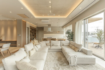 Bright White Living Room with Large Windows