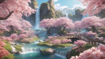A stunning paradise land filled with a kaleidoscope of flowers, elegant sakura trees in full bloom, serene rivers, and cascading waterfalls