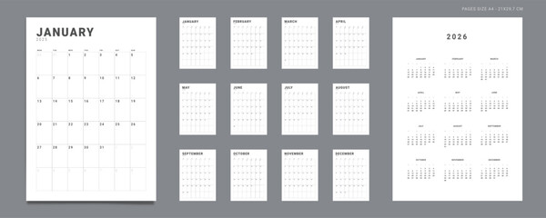 Set of 2025 Pages Monthly Calendar Planner Templates and annual on 2026. Vector vertical grid for wall or desktop calendar with the week starting on Monday for printing. Pages size A4-21x29.7cm