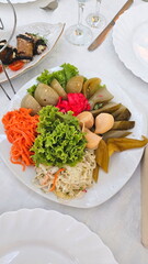 Top view on traditional serbian winter stores pickled vegetables in plate	