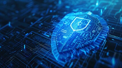 Blue sheild logo on a hi tech cyber security technological interface , intricate confusing privacy lines , AI secure privacy lock
