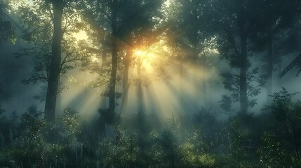 Obraz premium An artistic depiction of light beams forming crosses in a misty forest at dawn. The ethereal light rays cut through the dense fog and trees, creating a mystical and serene atmosphere.