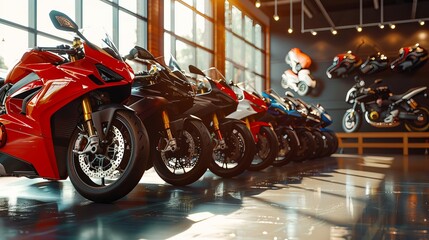 Different color super bikes standing in queue in a high luxury class modern showroom , Bike buy sell business concept