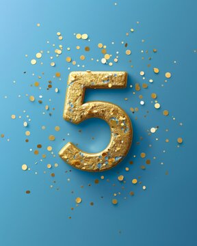 top view of a golden number five - anniversity celebration background