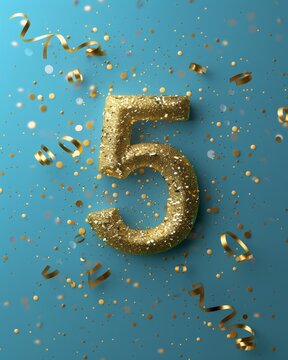 top view of a golden number five - anniversity celebration background