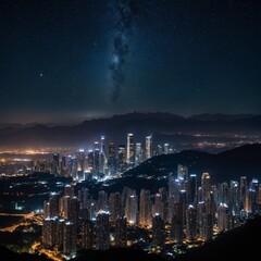 Obraz premium Skyline Sanctuary: Paint a city skyline at night, where illuminated skyscrapers create a dazzling contrast against a starry sky, with nearby hills or forests adding a touch of natural mystique.