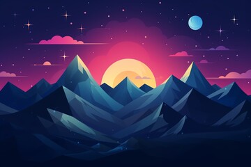 Obraz premium Surreal night landscape with mountains, a vibrant sunset, and a moonlit sky full of stars, creating a dreamy, otherworldly scene.
