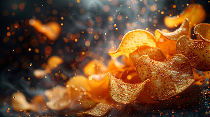 Fototapeta premium A handful of perfectly seasoned potato chips launched into the air, with individual chips tilted at different angles, showcasing their crisp texture. 