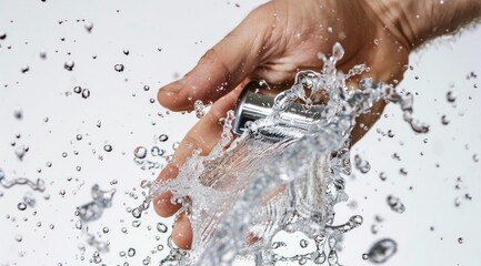 Fototapeta premium A modern razor surrounded by water splashes against a clear background