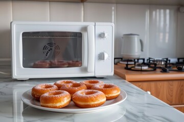 Modern microwave with donuts on the plate