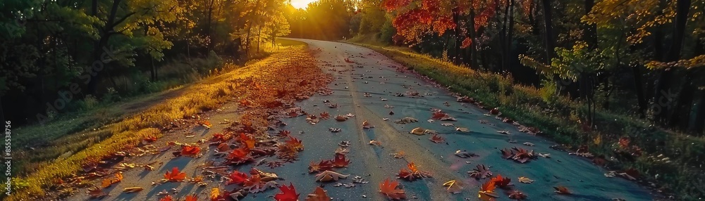 Poster scenic autumn forest path with vibrant fall foliage and sunlight filtering through trees at sunset, 