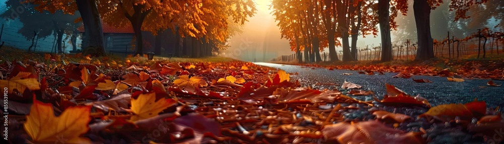 Poster serene autumn scene with colorful fallen leaves on a road lined with trees, bathed in warm sunlight 