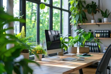 Fototapeta premium Bright and airy office with a focus on natural light and open space Large windows and white walls create a fresh and open feel Simple and functional furniture ensures a clutter-free environment Green