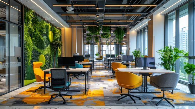 Innovative office designed for a tech-savvy company Open-plan layout with standing desks and flexible workstations Advanced technology and smart features support cutting-edge work Bright and modern
