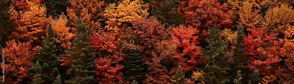 Poster vibrant autumn foliage in a forest displaying a beautiful array of reds, oranges, and yellows, perfe