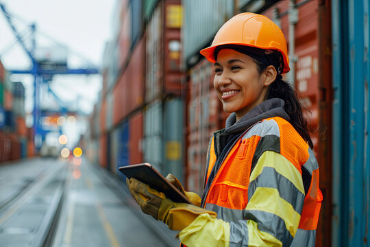 A smiling Latin female industrial engineer in safety gear works on a tablet at a container terminal