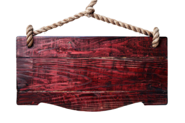 Vintage wooden signboard with rustic rope, empty red wooden sign isolated on white background, perfect for text or logo.