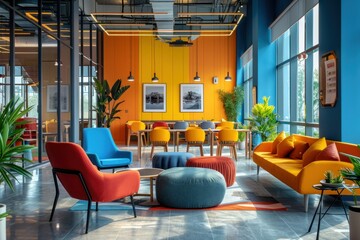 Collaborative workspace designed for maximum productivity Open-plan layout with shared desks and private meeting rooms Bright and colorful decor creates an energetic and motivating environment