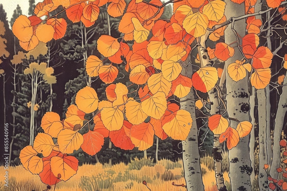 Aufkleber vibrant autumn aspen trees with orange leaves in a forest setting, capturing the essence of fall fol