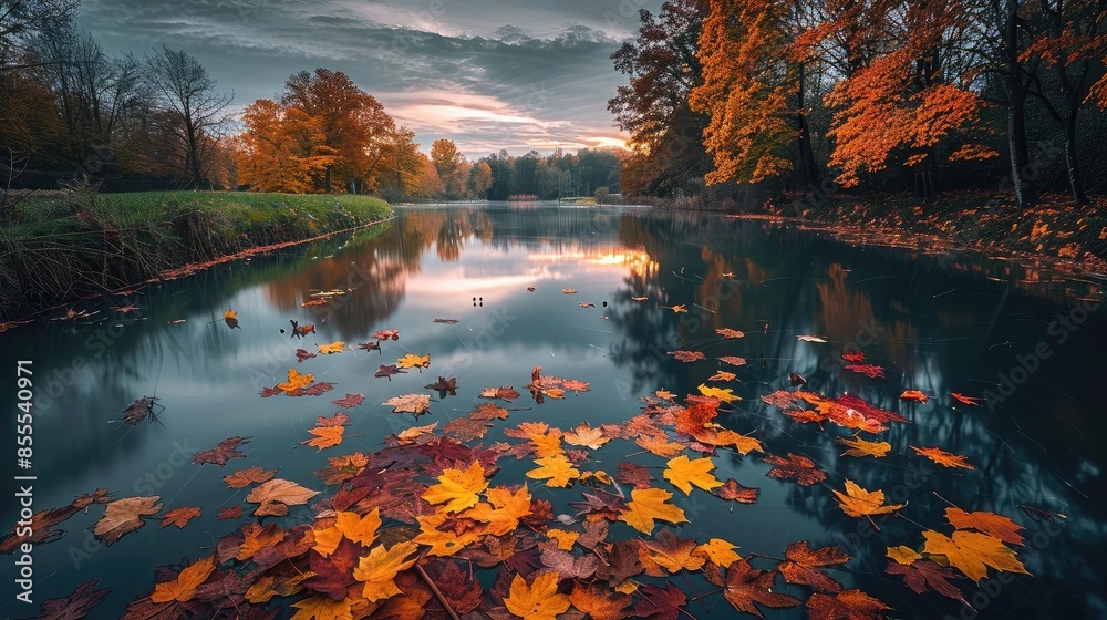 Poster serene autumn landscape with colorful leaves floating on a calm river, surrounded by vibrant trees a