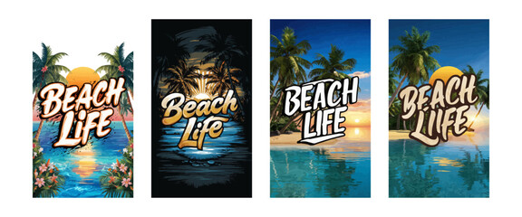 Summer Beach t-shirt design with palm trees, sun and waves. 