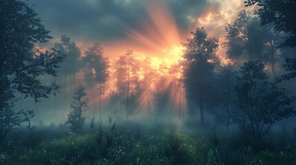 Fototapeta premium Light beams forming crosses in a misty forest at dawn. The scene features ethereal rays of light piercing through the dense fog and trees, creating a serene and mystical atmosphere.