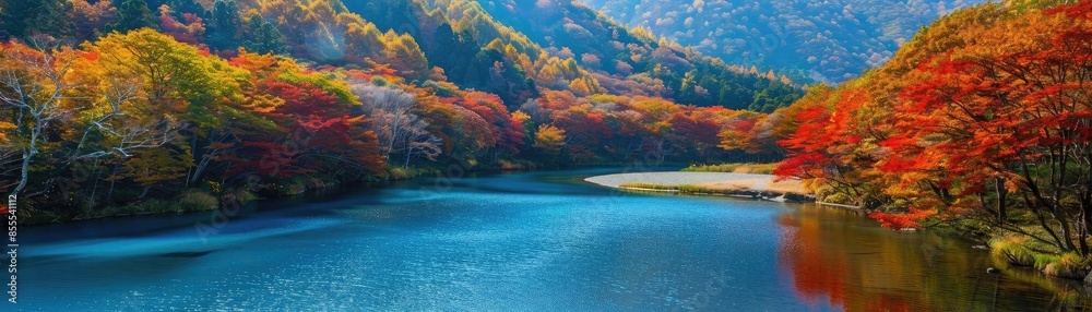 Aufkleber scenic autumn landscape featuring vibrant foliage and a serene lake surrounded by colorful trees wit
