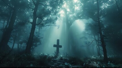 Light beams forming crosses in a misty forest at dawn. The scene features ethereal rays of light piercing through the dense fog and trees, creating a serene and mystical atmosphere.