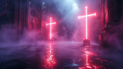 Neon crosses glowing brightly on a foggy, gothic-inspired background. The scene features eerie mist, dark gothic architecture, and vibrant neon crosses, creating a striking contrast