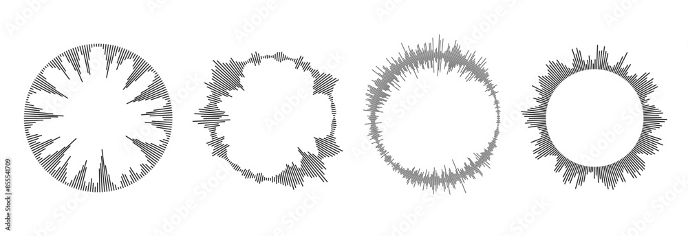 Poster radial sound wave pattern set. circular audio, music or voice icon collection. round wavy equalizer 