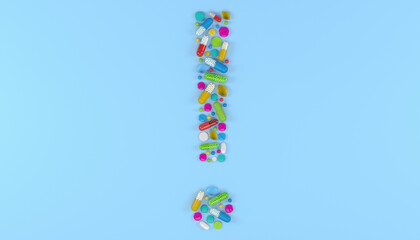3d render of many colorful medicines and pills in the shape of a exclamation mark.