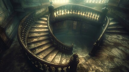 Spiral staircases viewed from above, showcasing a vintage architectural look. The design includes intricate wrought iron railings and aged stone steps.