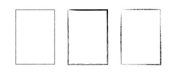 Grunge rectangle frame set. Dotted, stippled and paint brushed black border collection. Chalk or halftone rectangular design elements for banner, poster, flyer, brochure, cover. Vector A4 carde