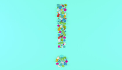 3d render of many colorful medicines and pills in the shape of a exclamation mark.