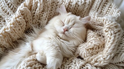 white persian cat sleeping on beige knitted woolen chunky blanket. Funny kitty in the warm soft bed,top view concept.