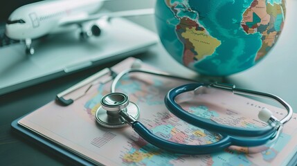 Stethoscope, Passport, Airplane, and Globe Representing Healthcare and Travel Insurance Concept