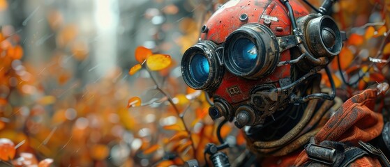 detailed red helmet and blue eyes of a futuristic robot emerge amidst orange foliage under a gentle rain blending advanced technology with the tranquility of nature