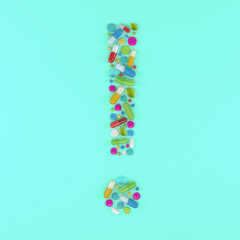 3d render of many colorful medicines and pills in the shape of a exclamation mark.