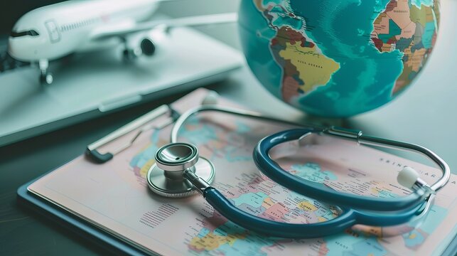 Stethoscope, Passport, Airplane, and Globe Representing Healthcare and Travel Insurance Concept