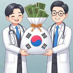 Two smiling animated doctors in white coats are holding a large bag of money, adorned with the South Korean flag