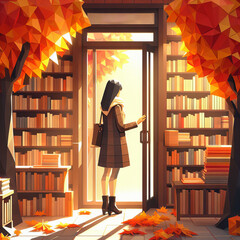 low poly illustration shows a woman entering bookstore or library filled with warm sunlight, autumn leaves, and books, evoking a cozy, tranquil ambiance