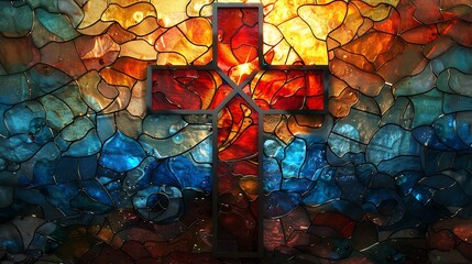 Stained glass cross designs with intricate details and vibrant colors. The cross features elaborate patterns and a rich color palette, creating a visually captivating and artistic effect