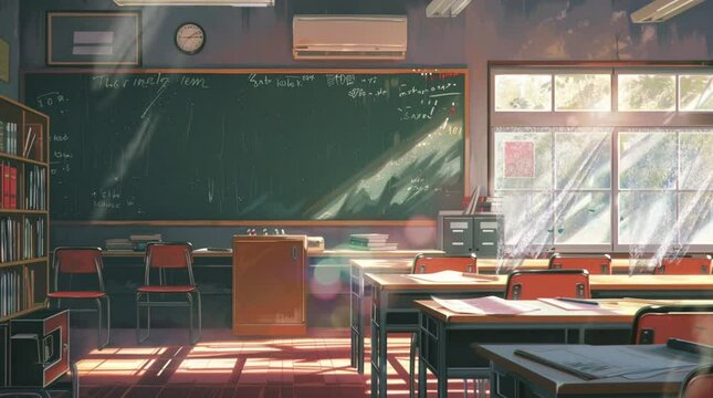 illustration digital classroom, a blackboard with lots of scribbles, table, and chair. carton video animation looping 4k