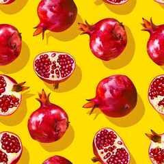 Seamless pattern of pomegranate fruit on yellow background