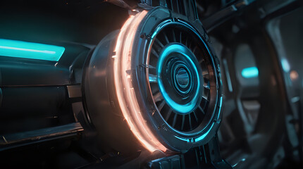 a close up of a futuristic machine with a glowing circle