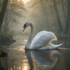 a white swan that is floating in the water