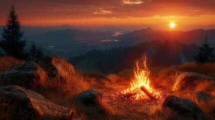 Campfire Illustration at Sunset Over Mountain Range